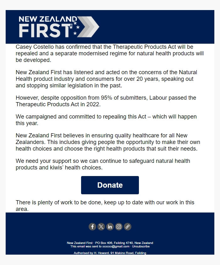 Screenshot of the email generated on import