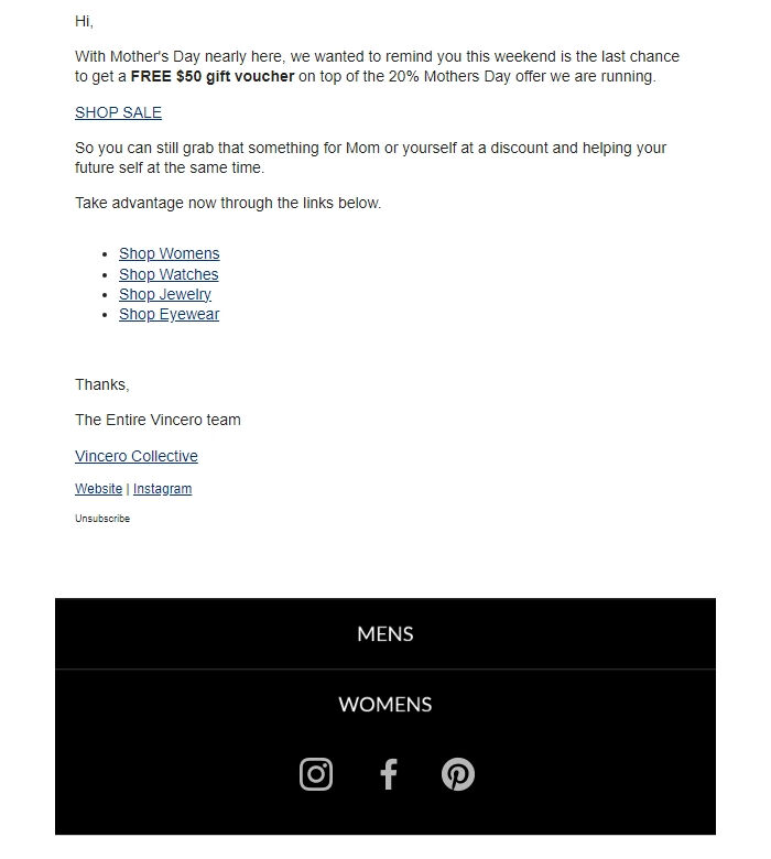 Screenshot of the email generated on import