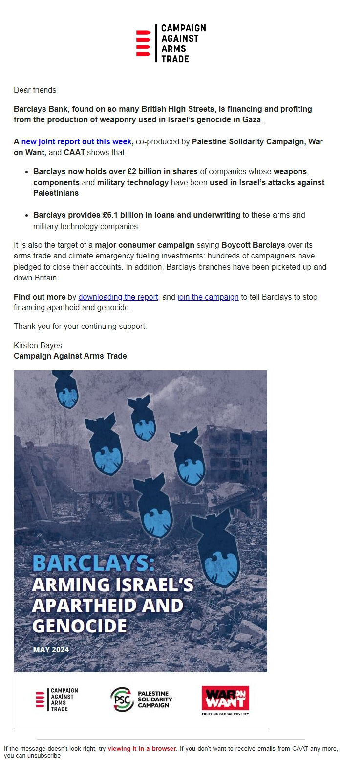 Screenshot of the email generated on import