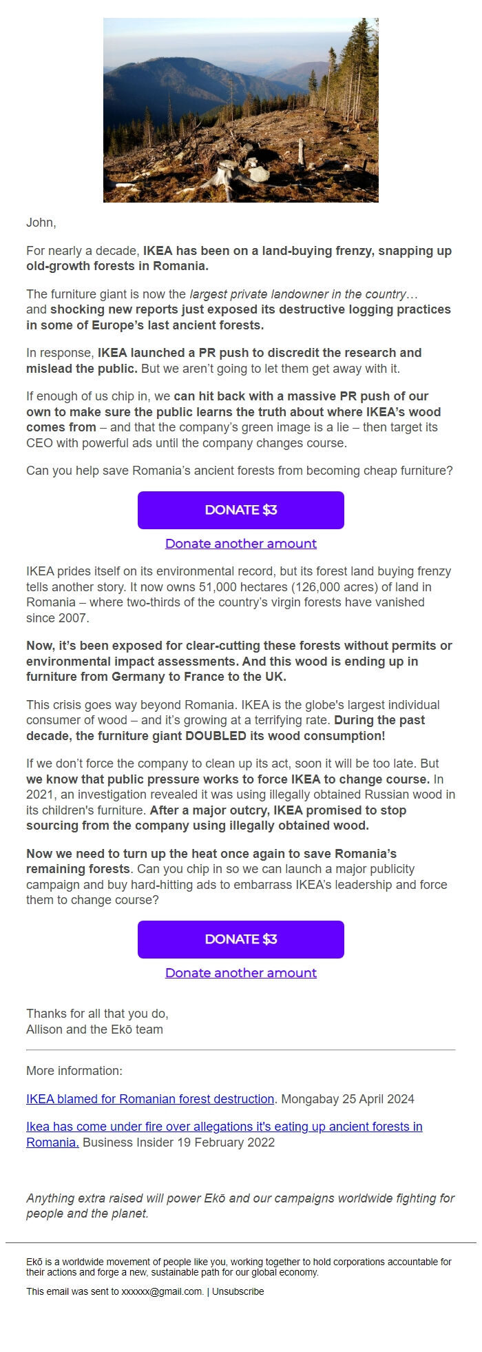 Screenshot of the email generated on import