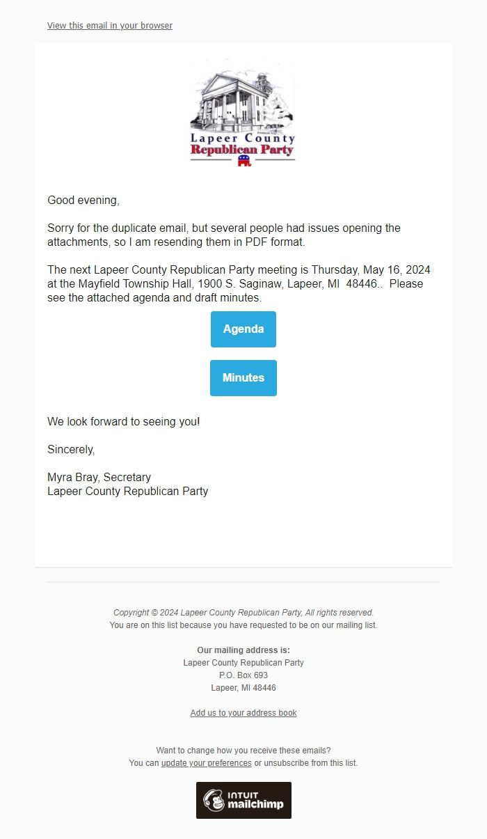 Screenshot of the email generated on import