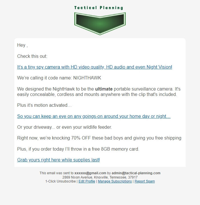 Screenshot of the email generated on import