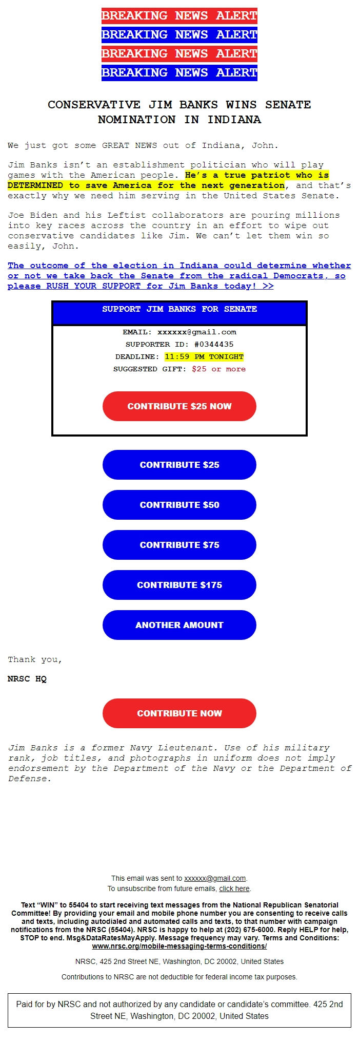 Screenshot of the email generated on import