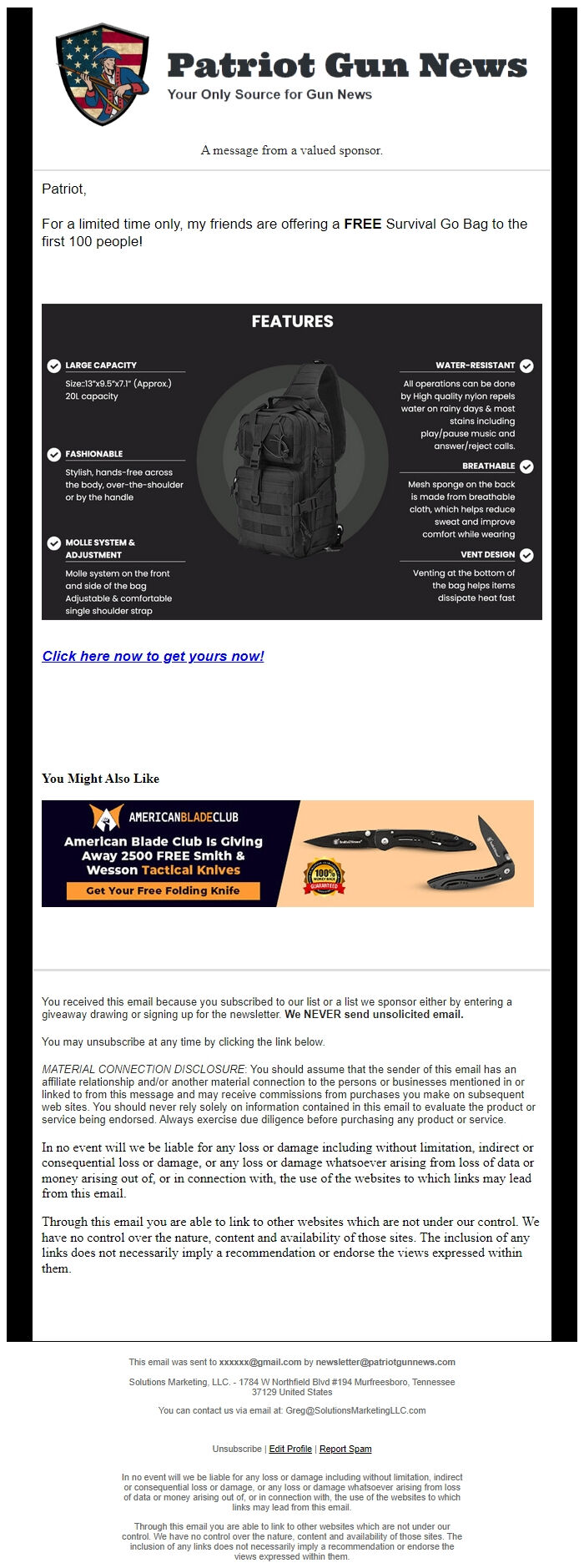 Screenshot of the email generated on import