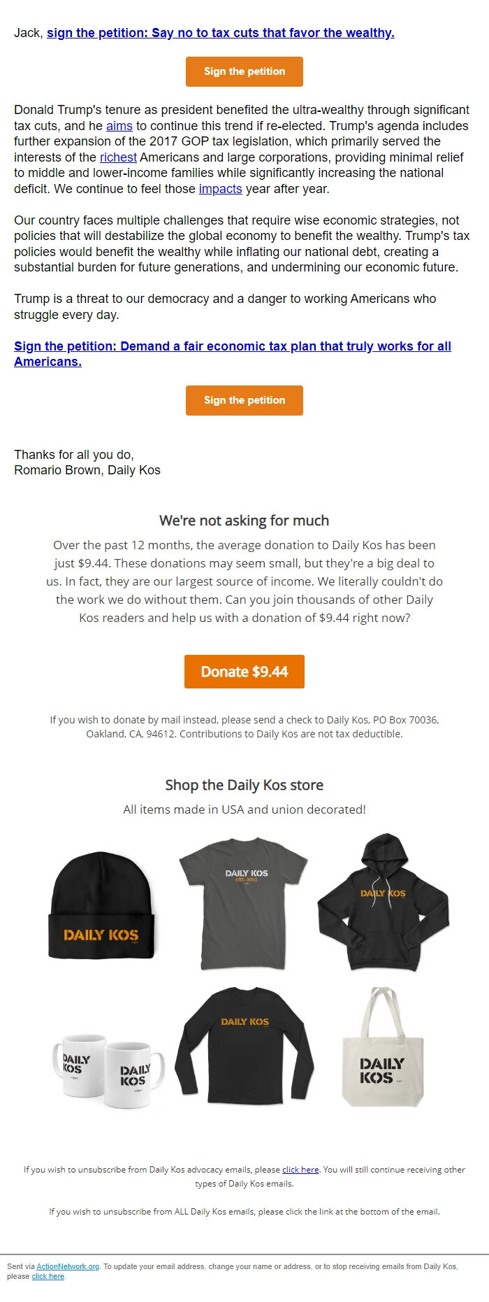 Screenshot of the email generated on import