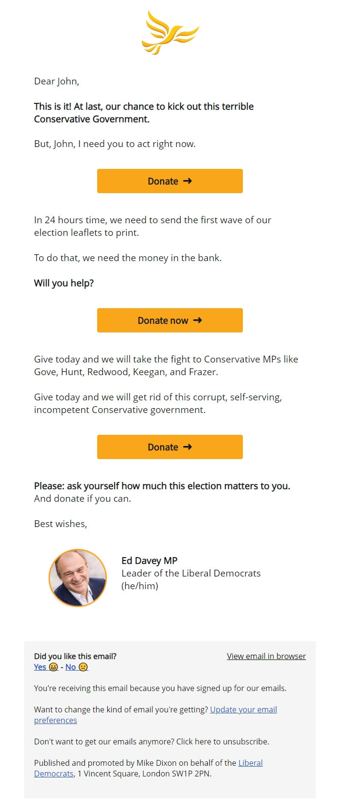 Screenshot of the email generated on import