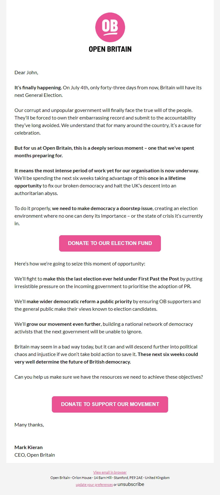 Screenshot of the email generated on import