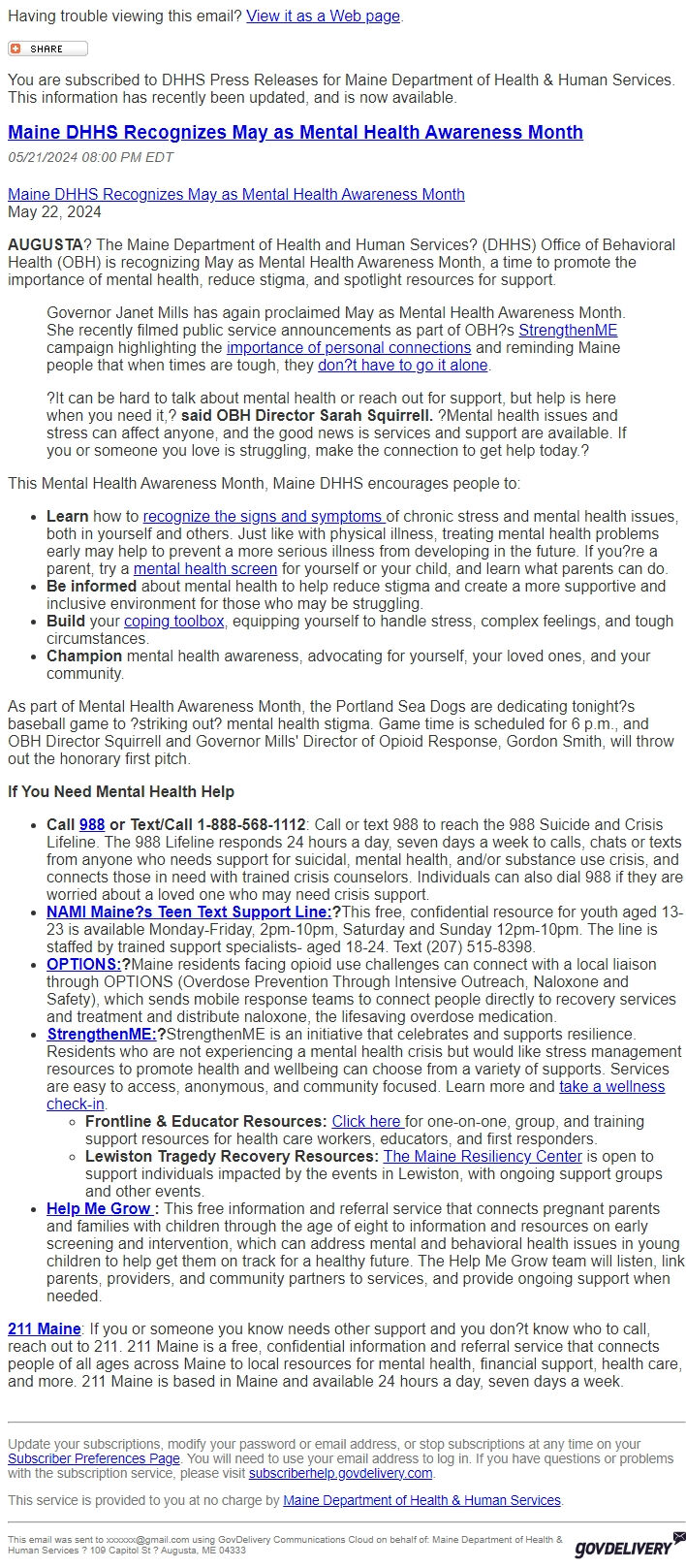 Screenshot of the email generated on import
