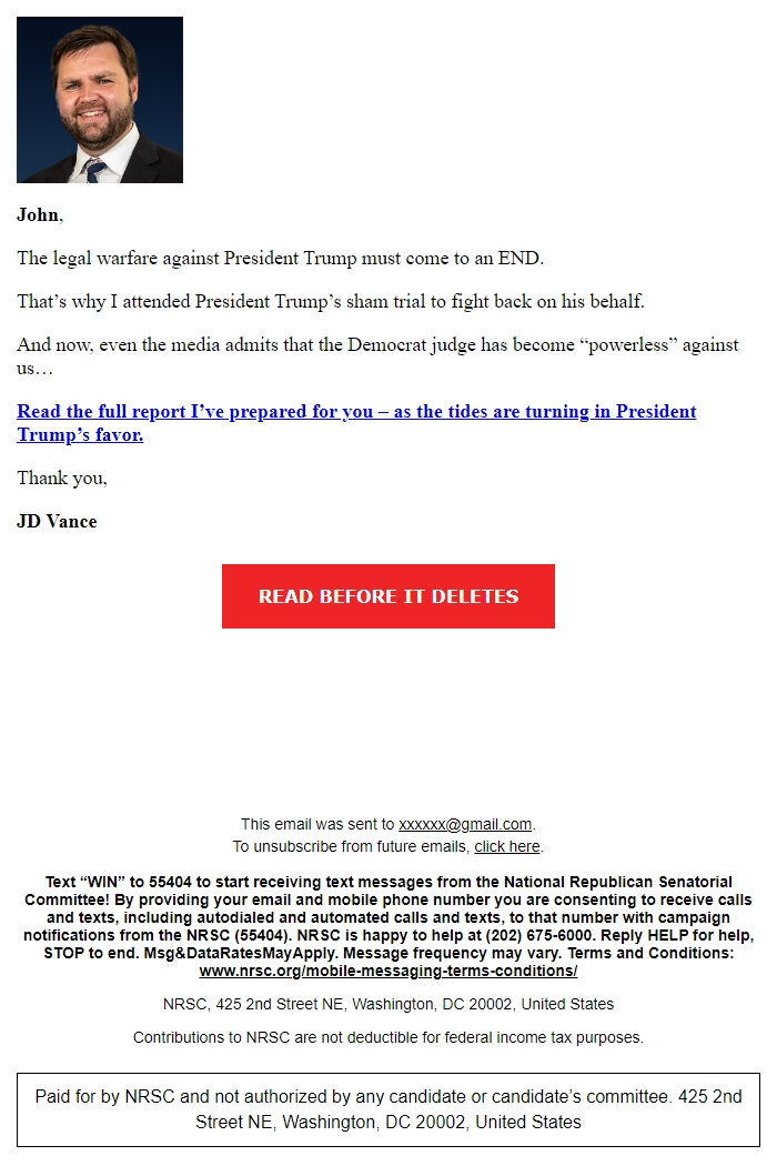 Screenshot of the email generated on import