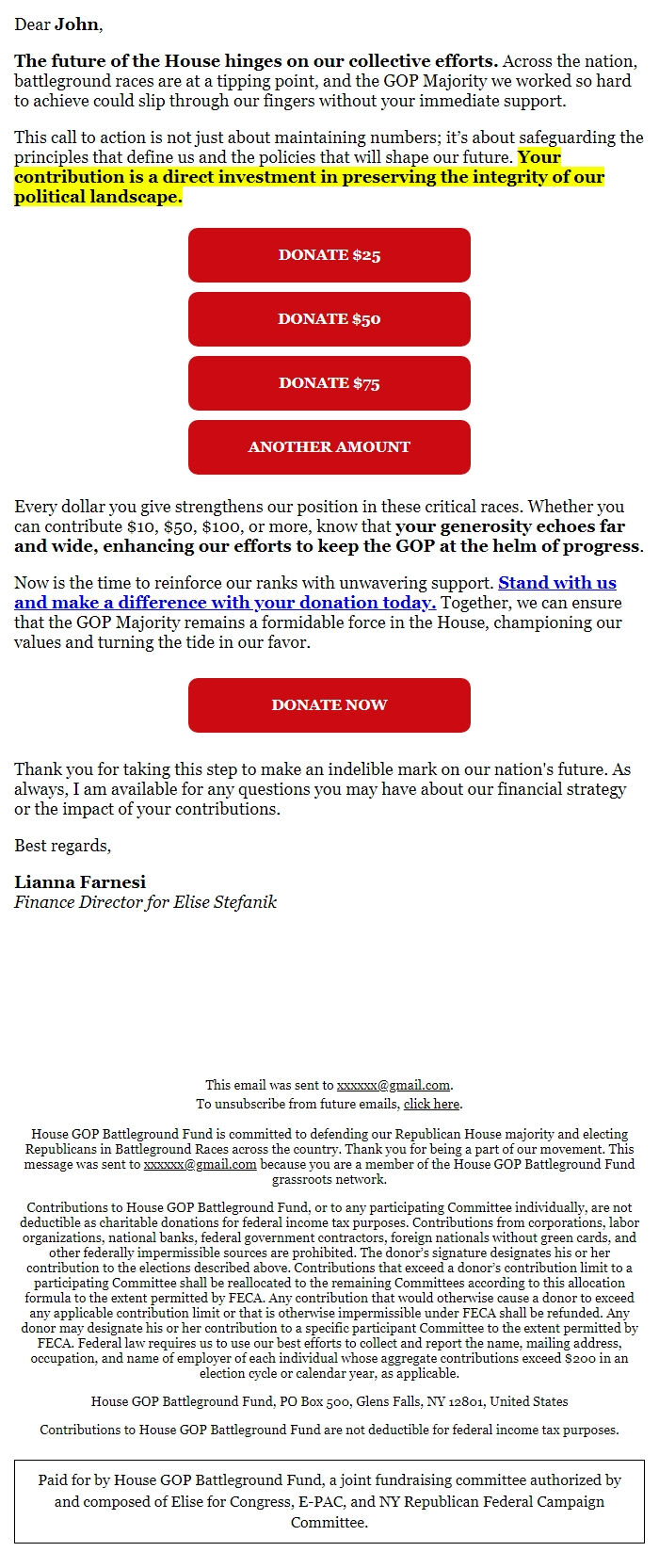 Screenshot of the email generated on import