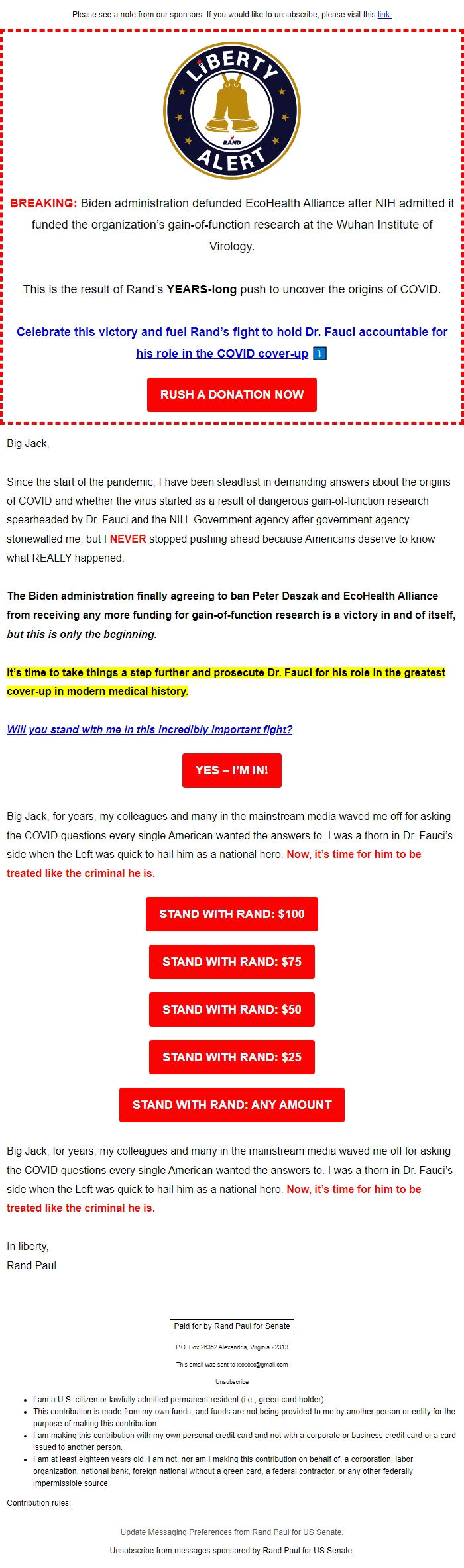Screenshot of the email generated on import