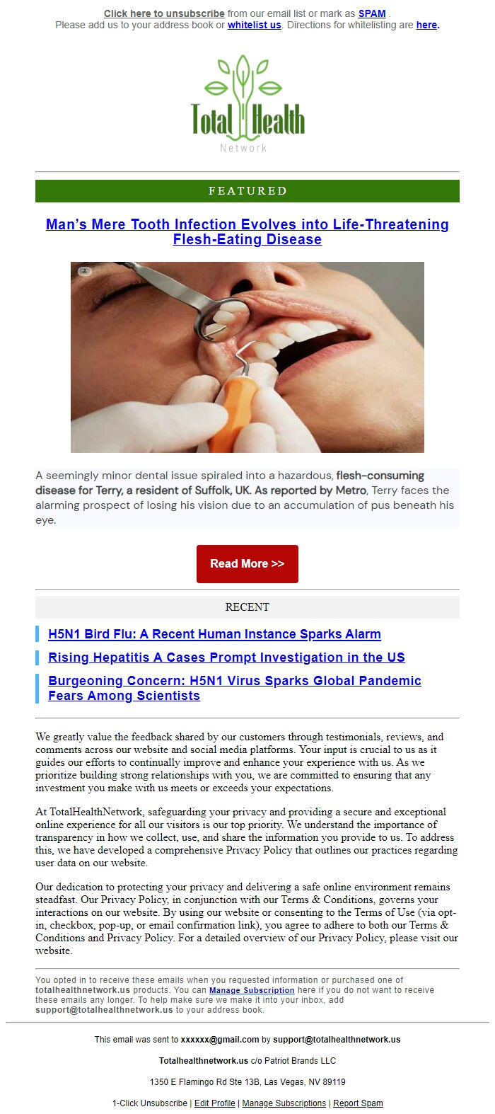 Screenshot of the email generated on import