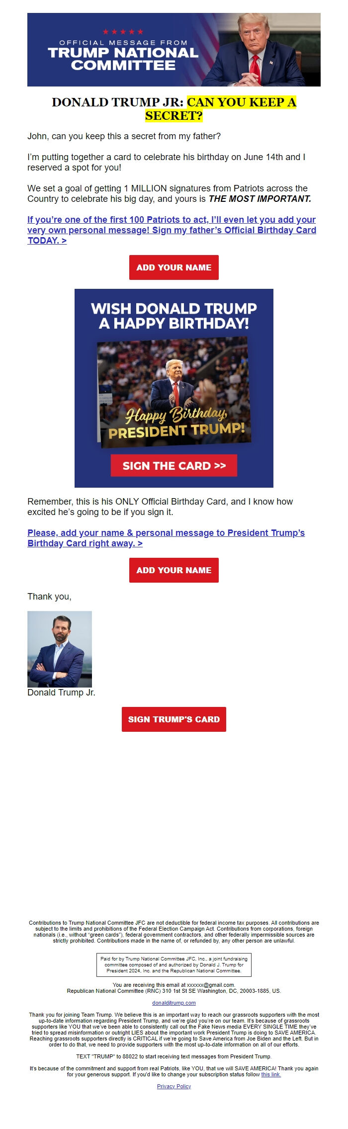 Screenshot of the email generated on import