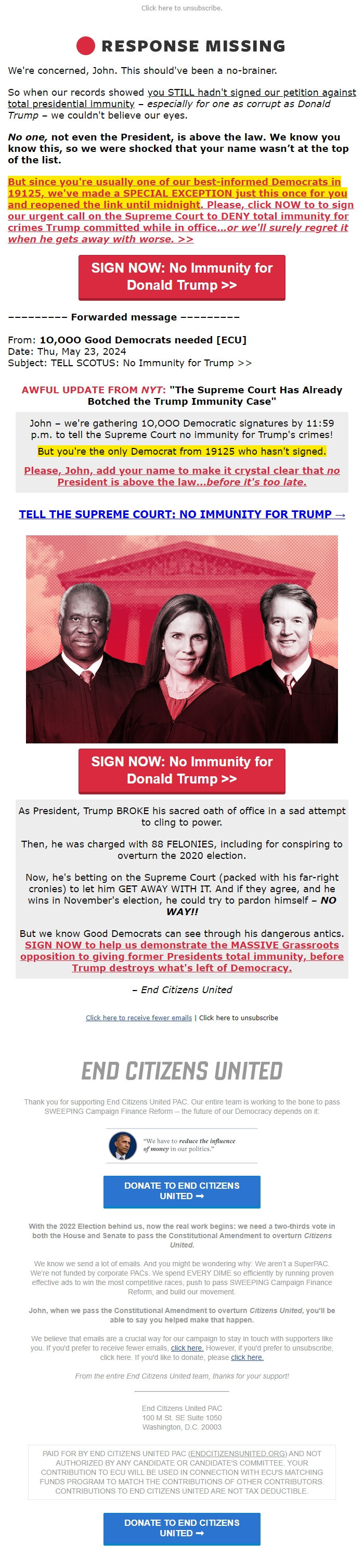 Screenshot of the email generated on import