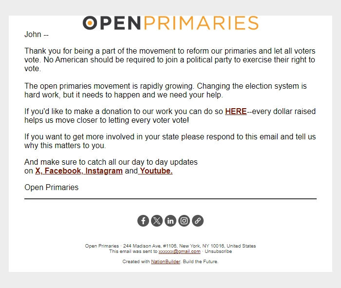 Screenshot of the email generated on import