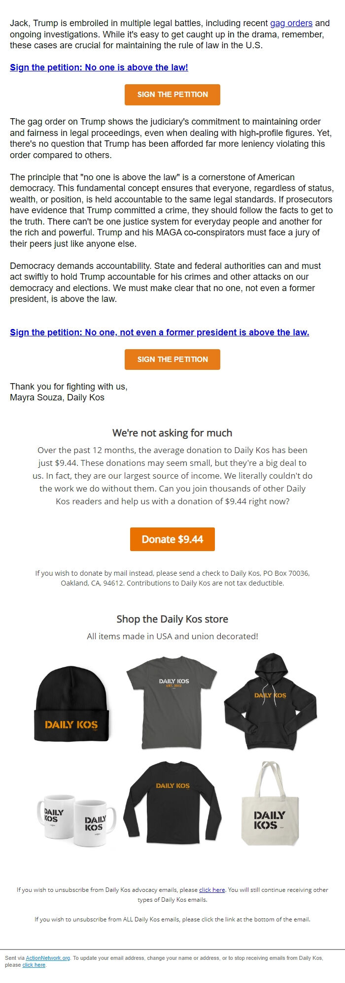 Screenshot of the email generated on import