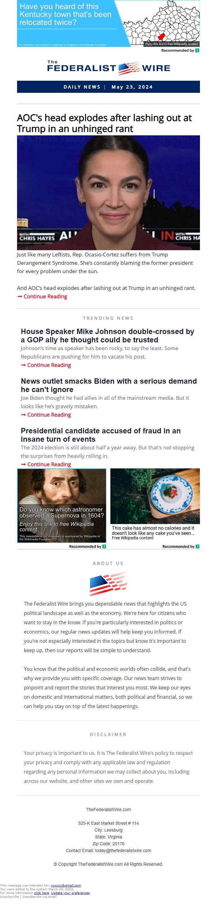 Screenshot of the email generated on import