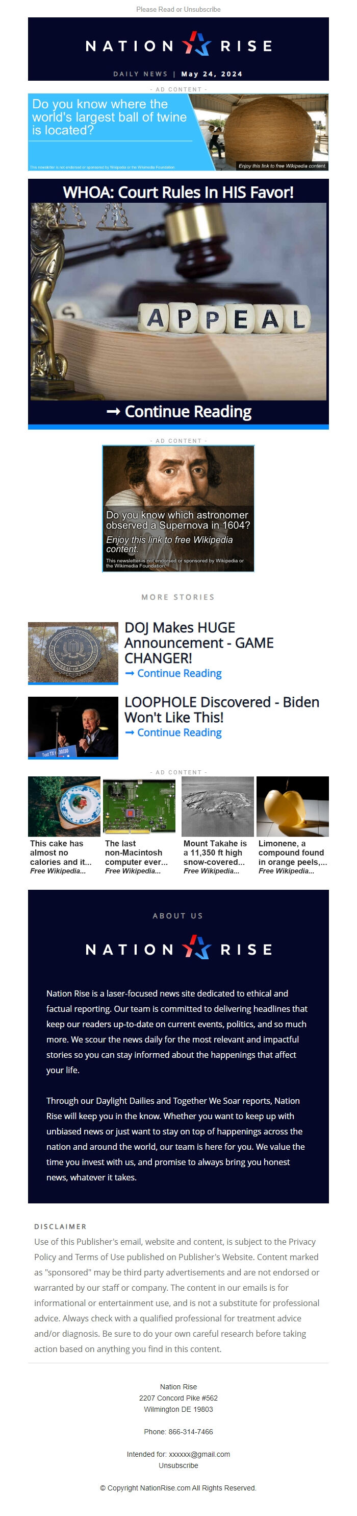 Screenshot of the email generated on import