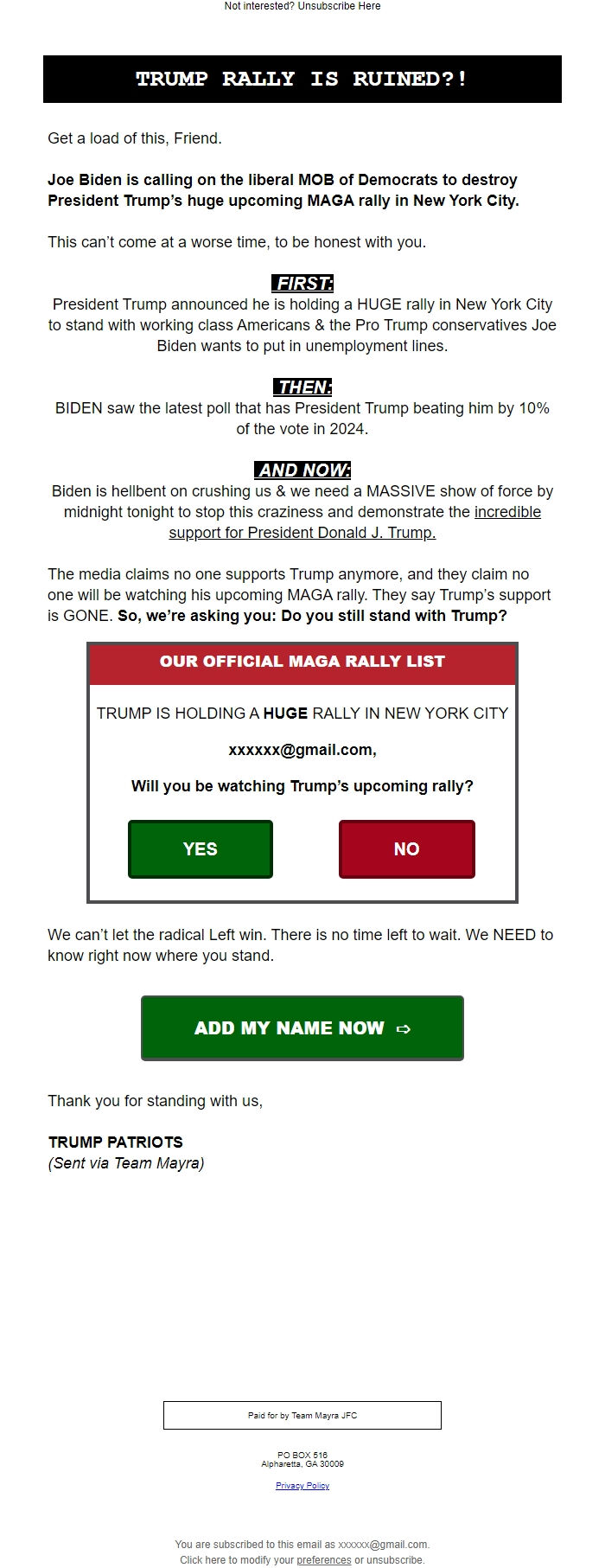 Screenshot of the email generated on import
