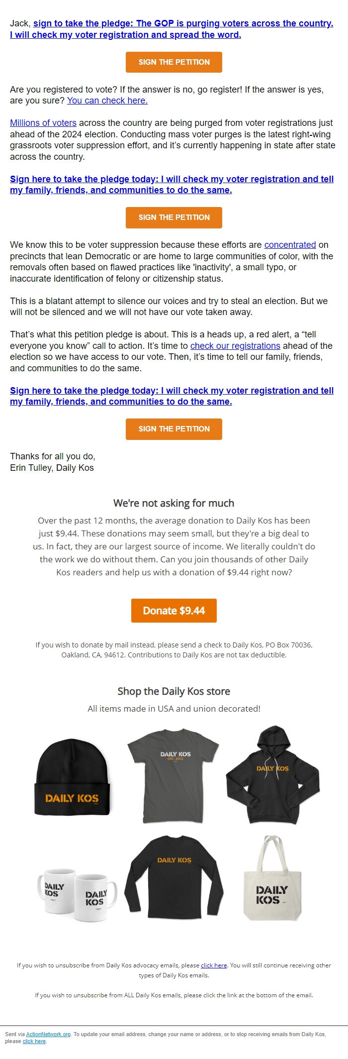 Screenshot of the email generated on import