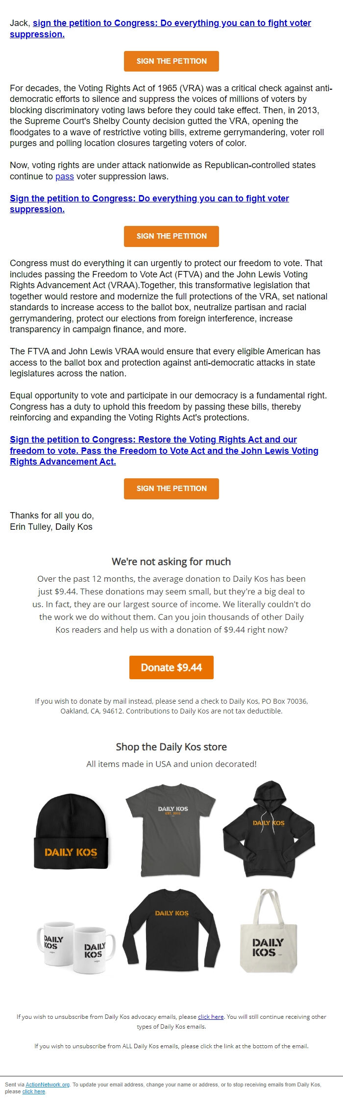 Screenshot of the email generated on import