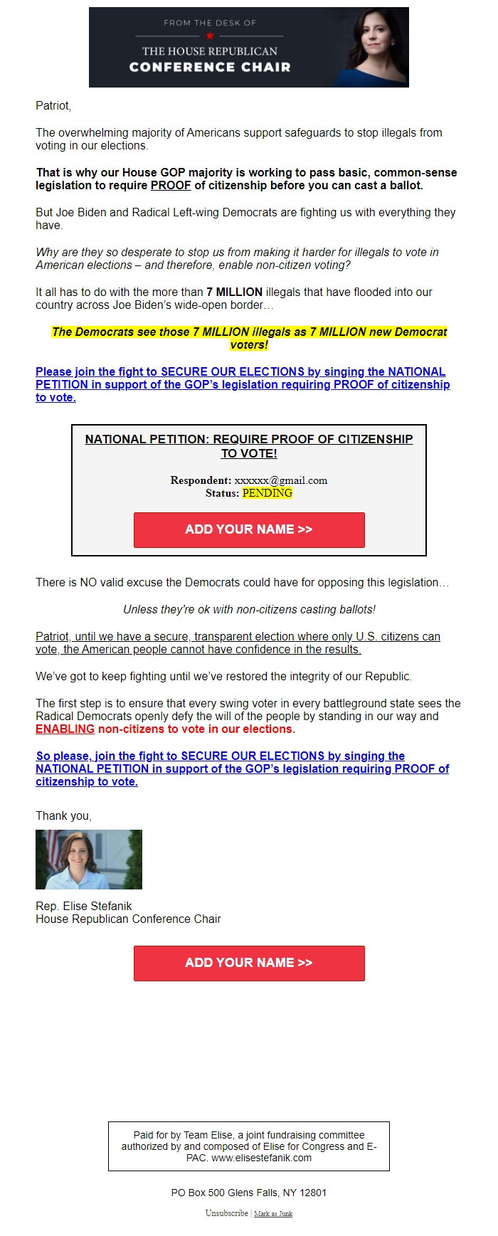 Screenshot of the email generated on import