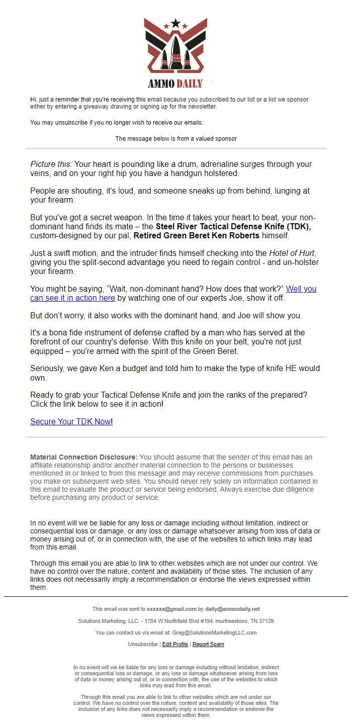 Screenshot of the email generated on import