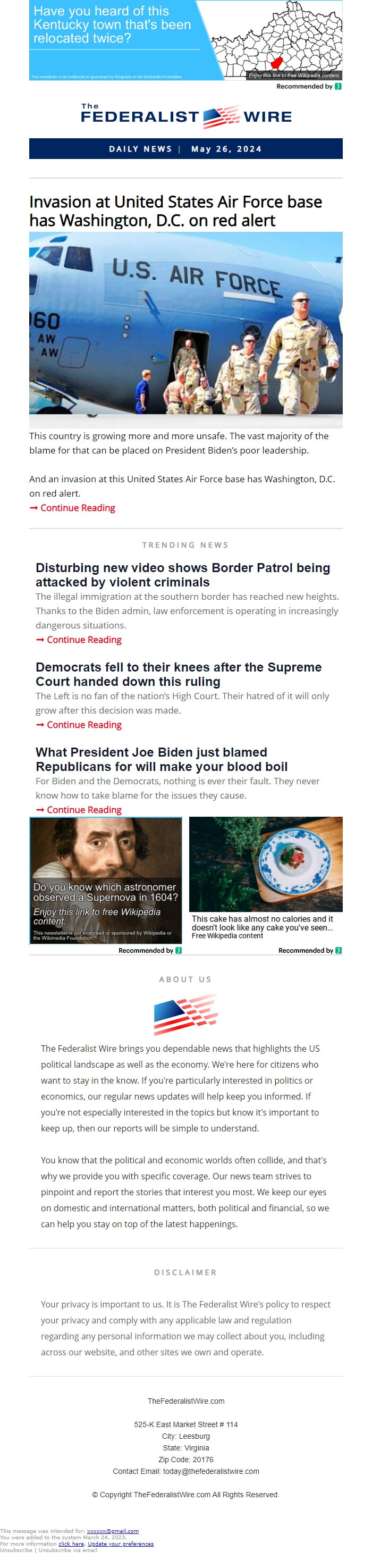 Screenshot of the email generated on import