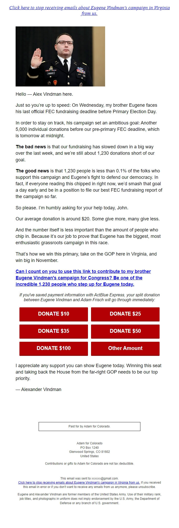 Screenshot of the email generated on import