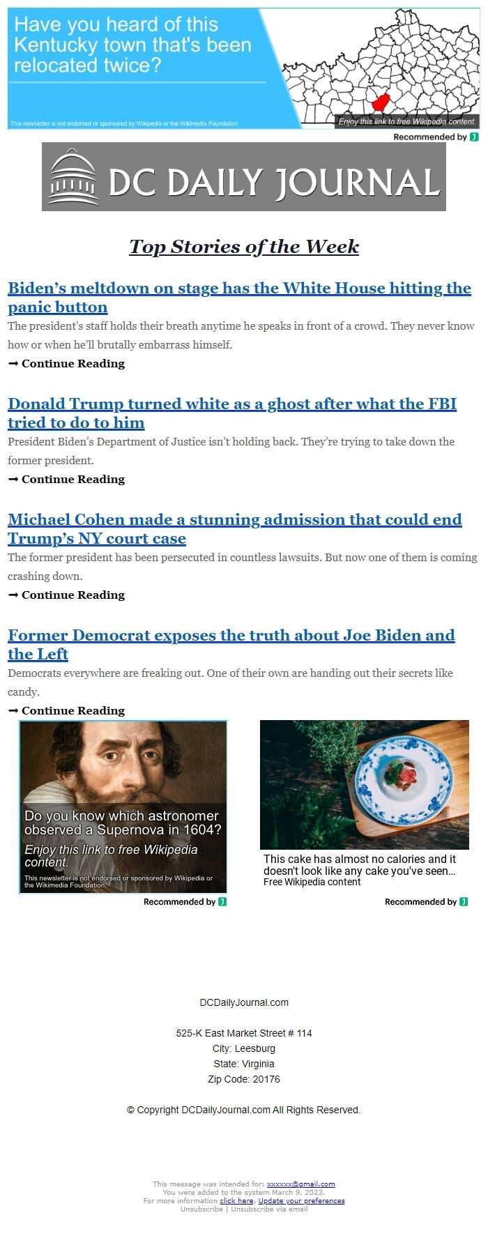 Screenshot of the email generated on import