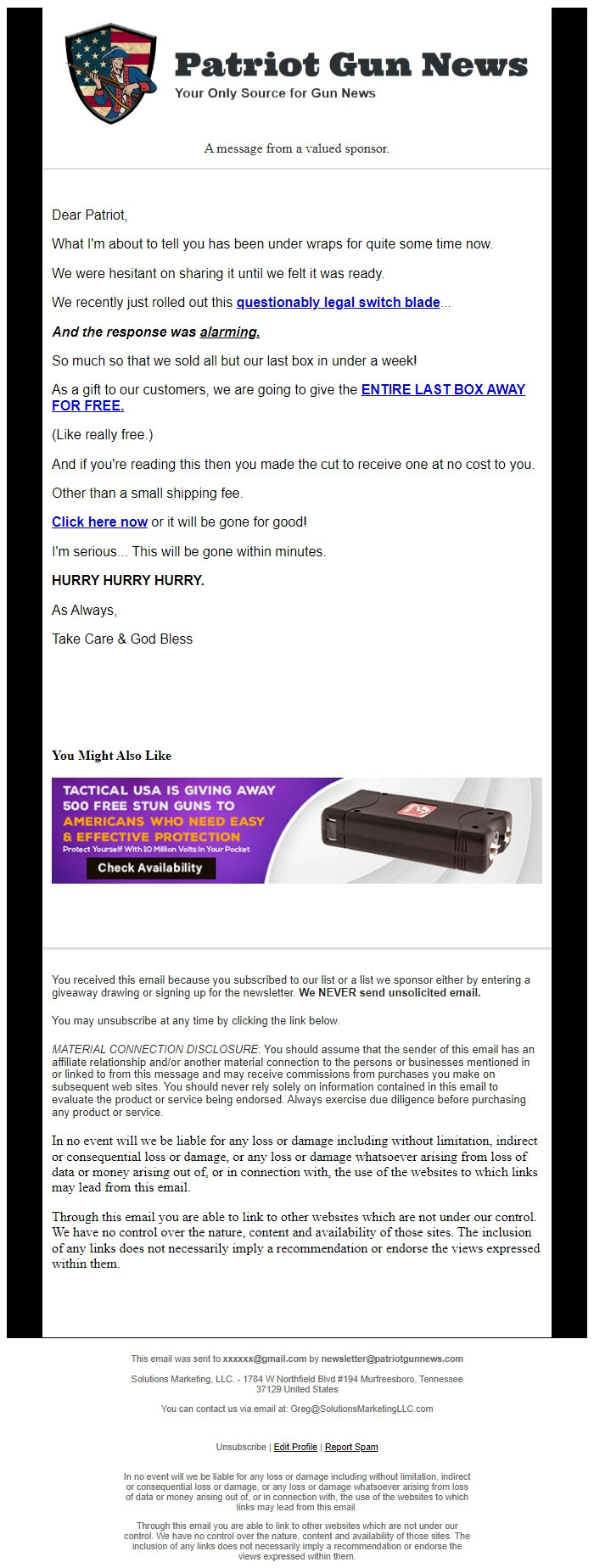 Screenshot of the email generated on import