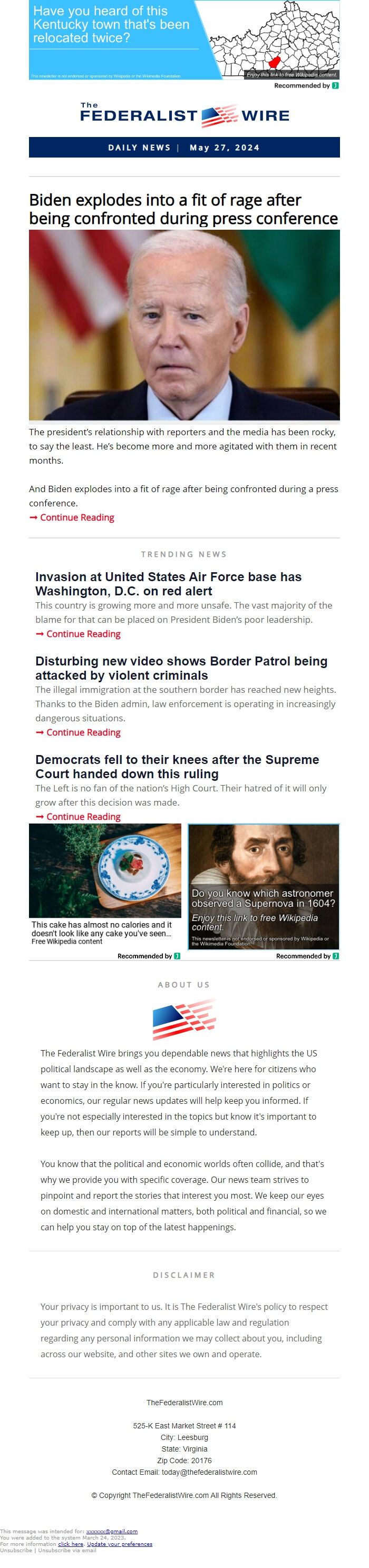 Screenshot of the email generated on import