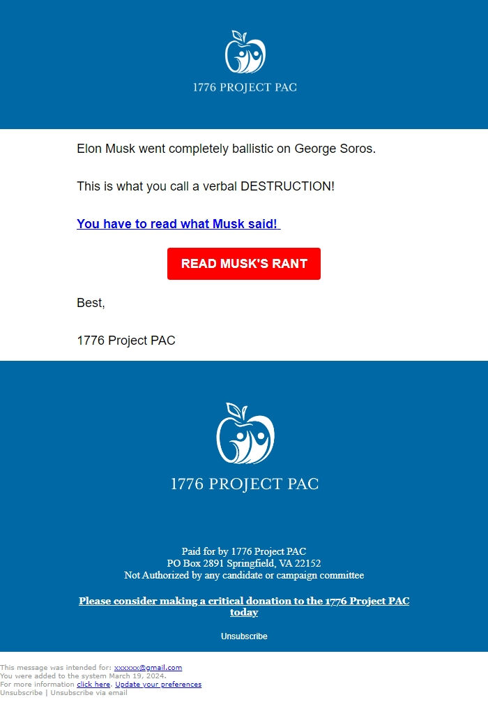 Screenshot of the email generated on import