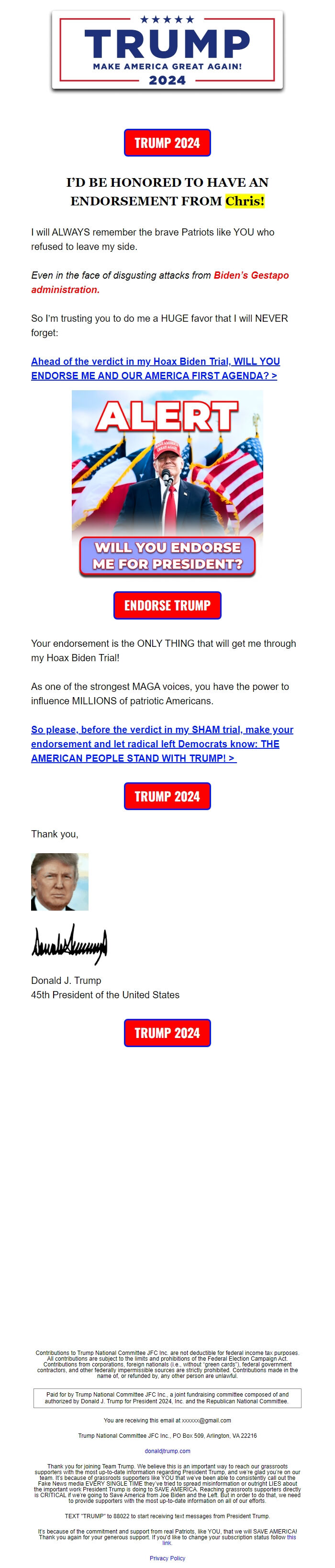 Screenshot of the email generated on import