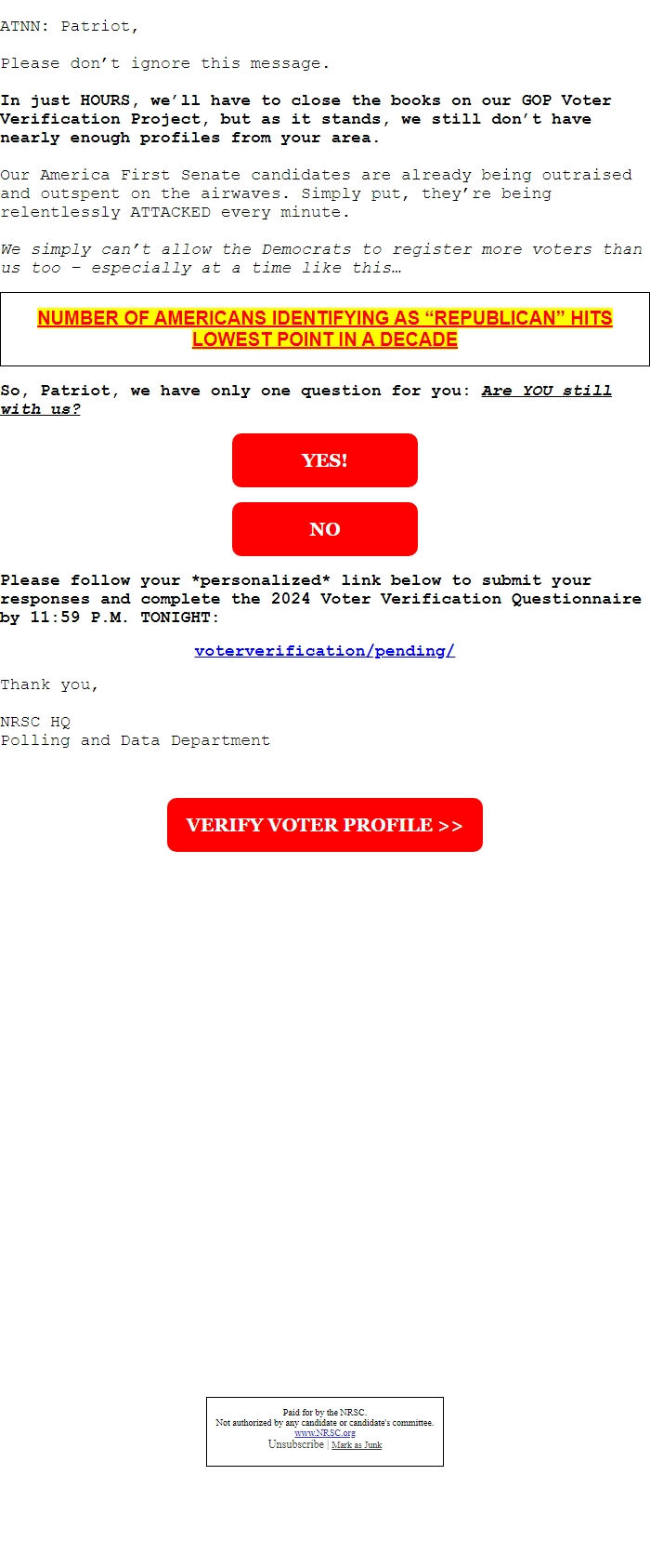 Screenshot of the email generated on import