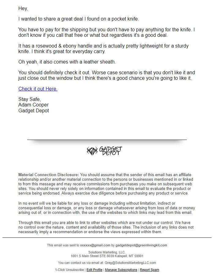 Screenshot of the email generated on import