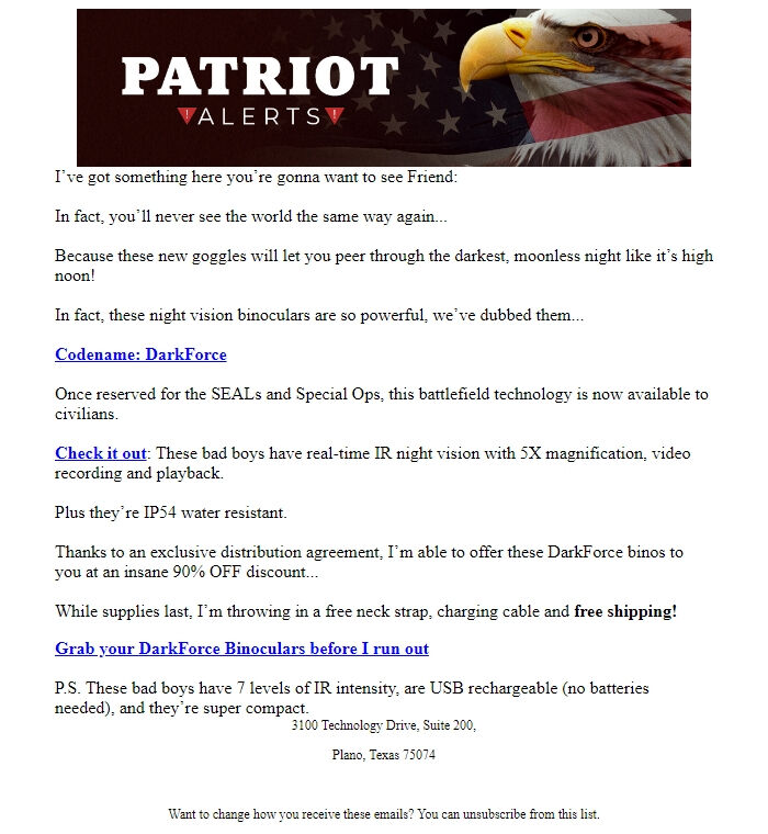 Screenshot of the email generated on import