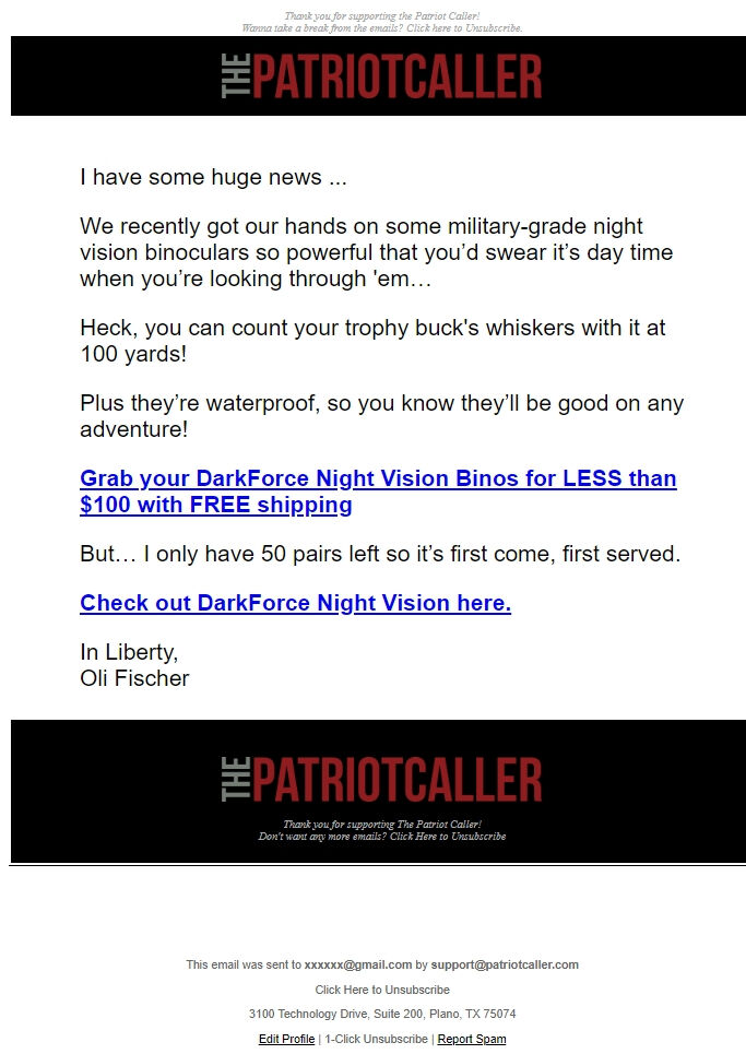 Screenshot of the email generated on import