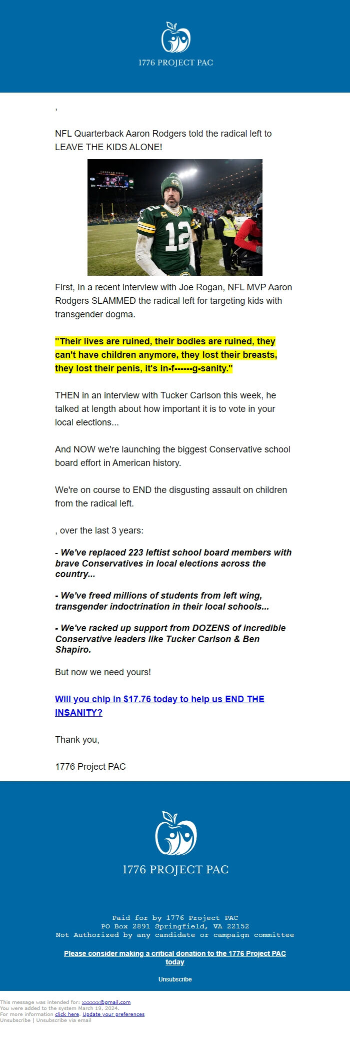 Screenshot of the email generated on import