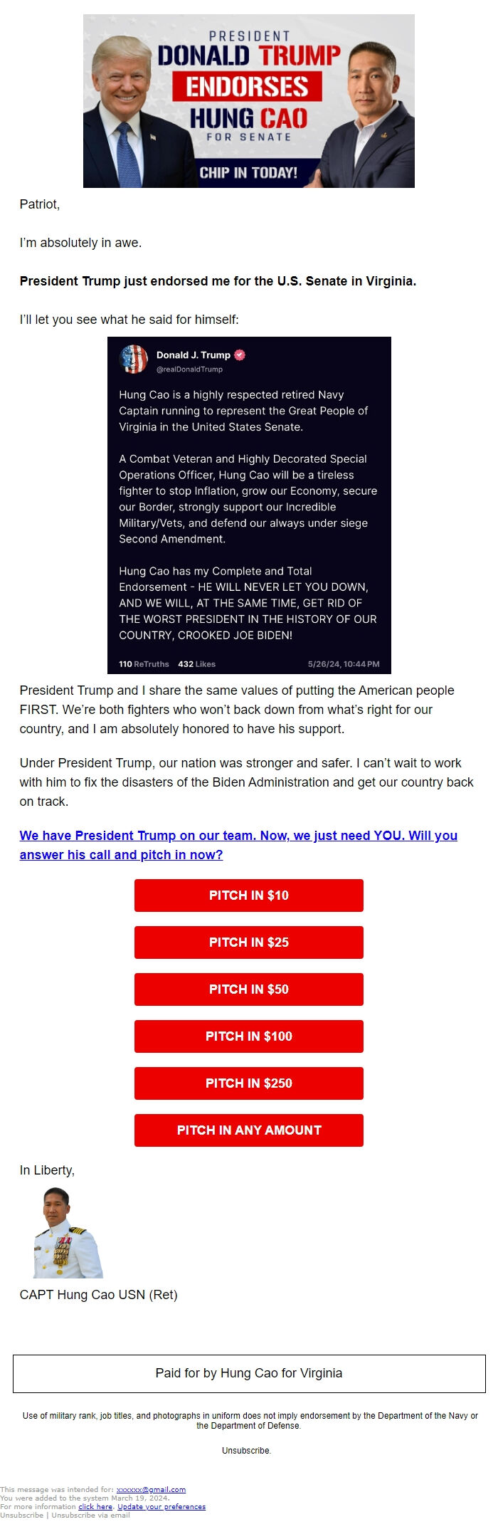 Screenshot of the email generated on import