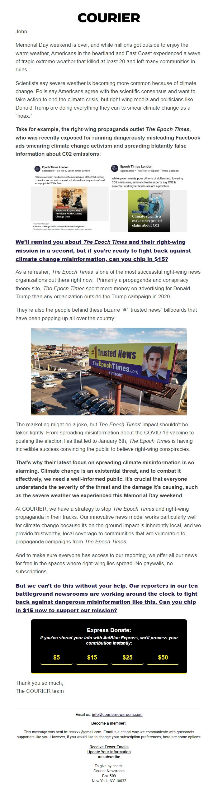 Screenshot of the email generated on import