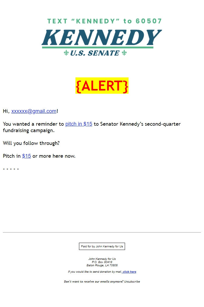 Screenshot of the email generated on import