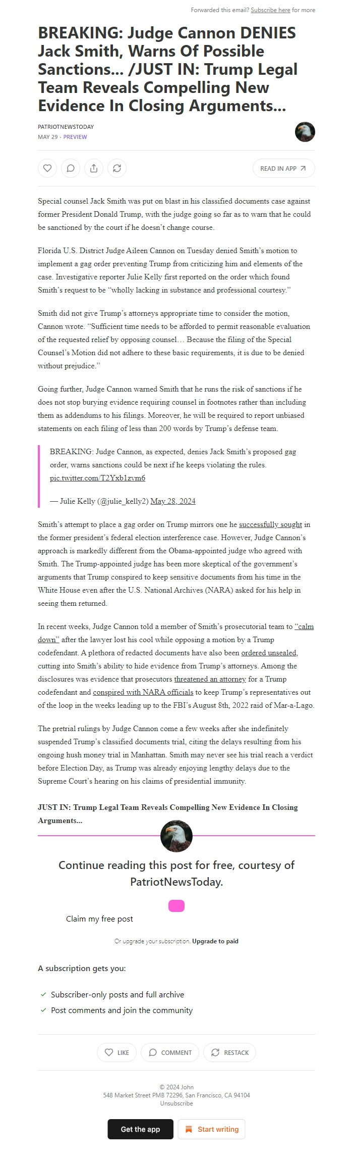 Screenshot of the email generated on import