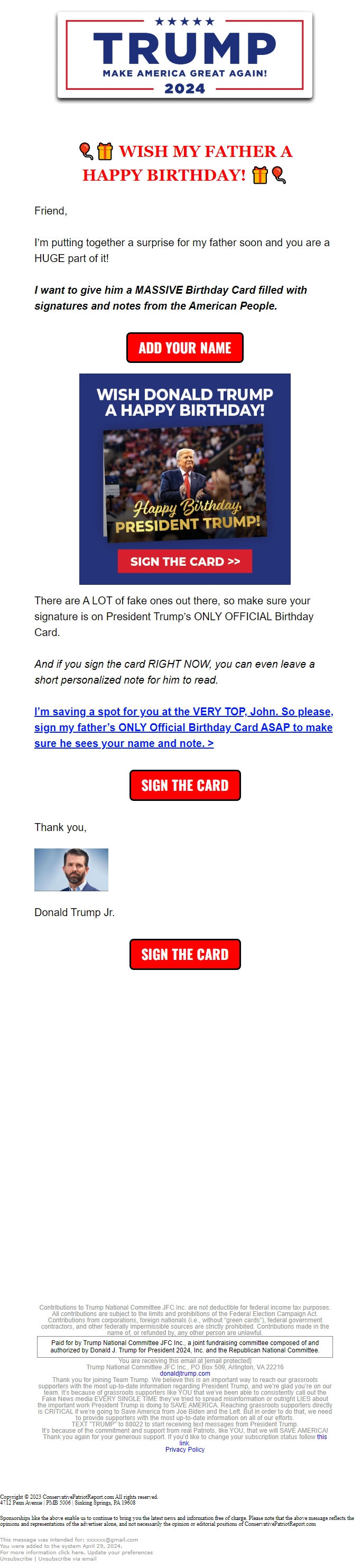 Screenshot of the email generated on import