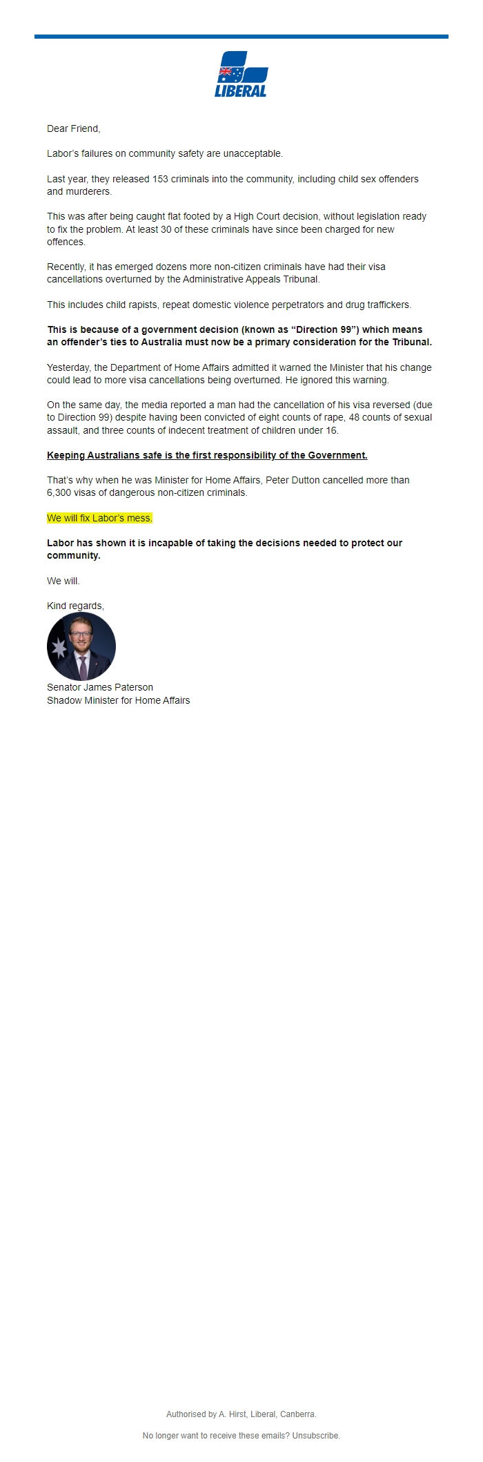 Screenshot of the email generated on import