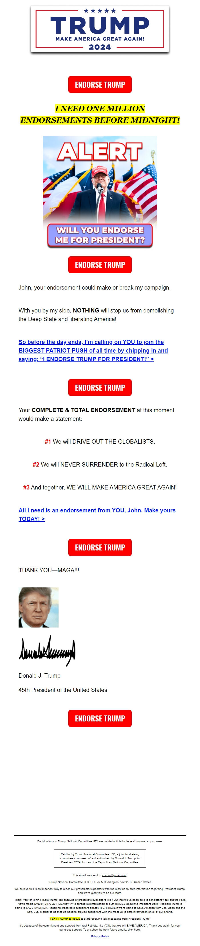 Screenshot of the email generated on import