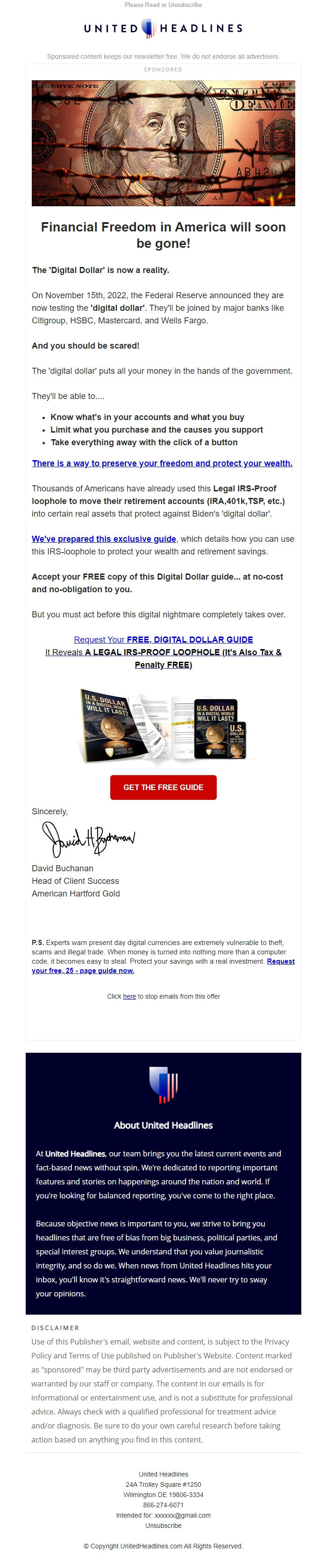 Screenshot of the email generated on import