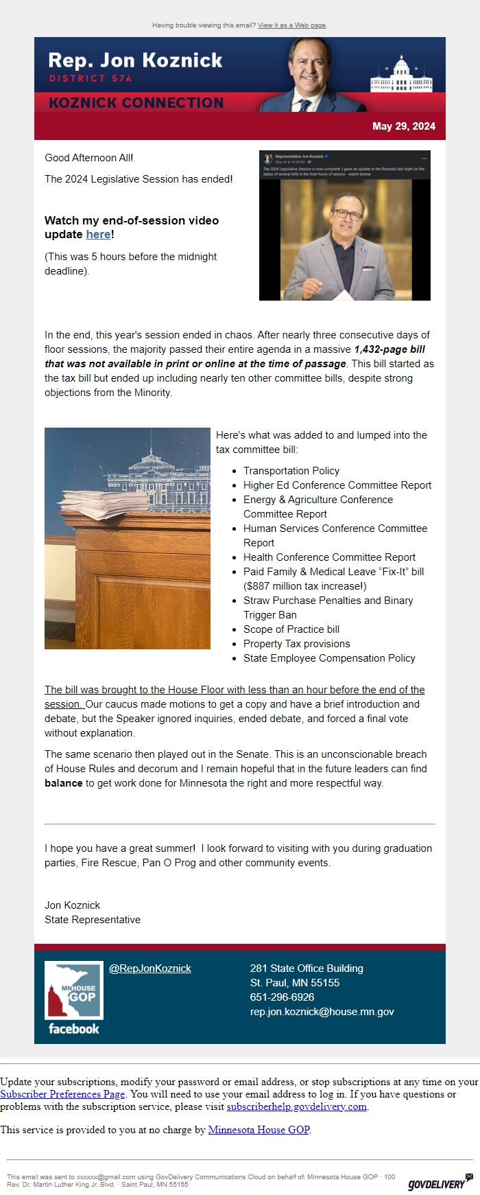 Screenshot of the email generated on import