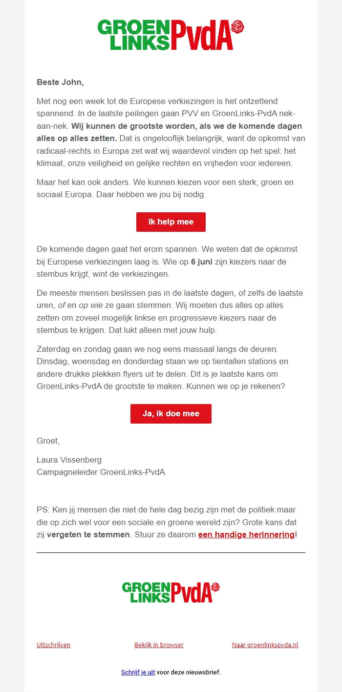 Screenshot of the email generated on import