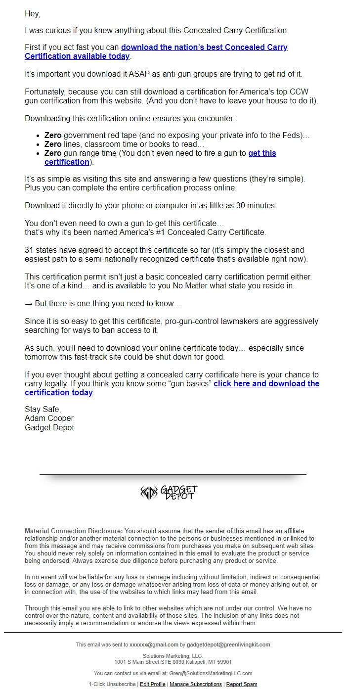 Screenshot of the email generated on import